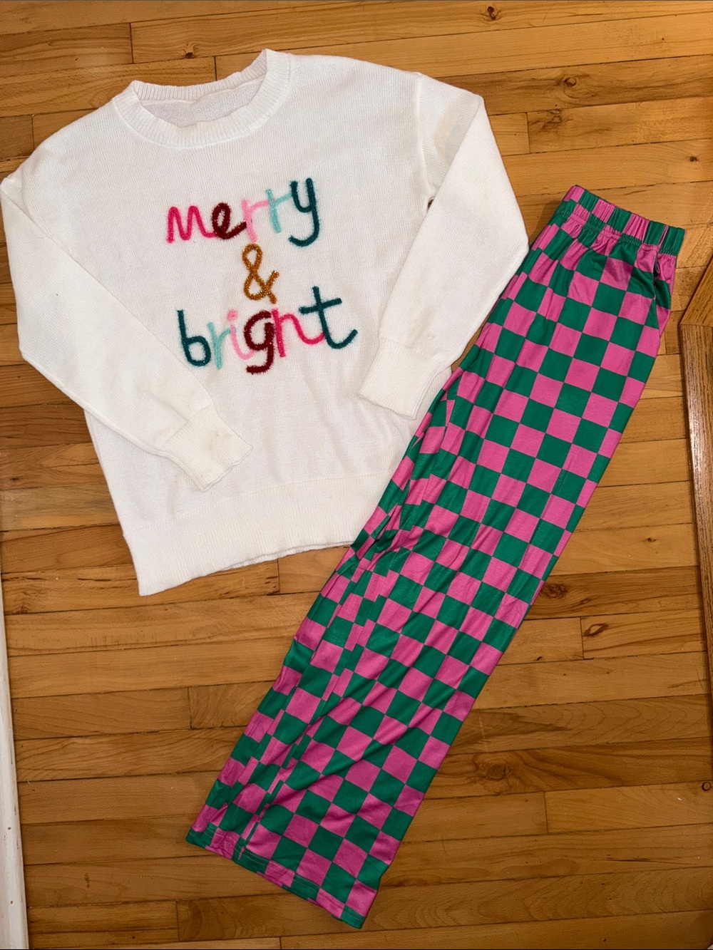 White 'Merry & Bright' Sweater with Pink & Green Check Pants Large